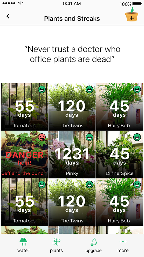 Happy Plant screen showing plants with their watering streaks