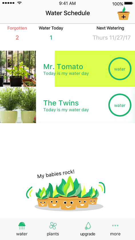Happy Plant water schedule screen listing plants due for watering